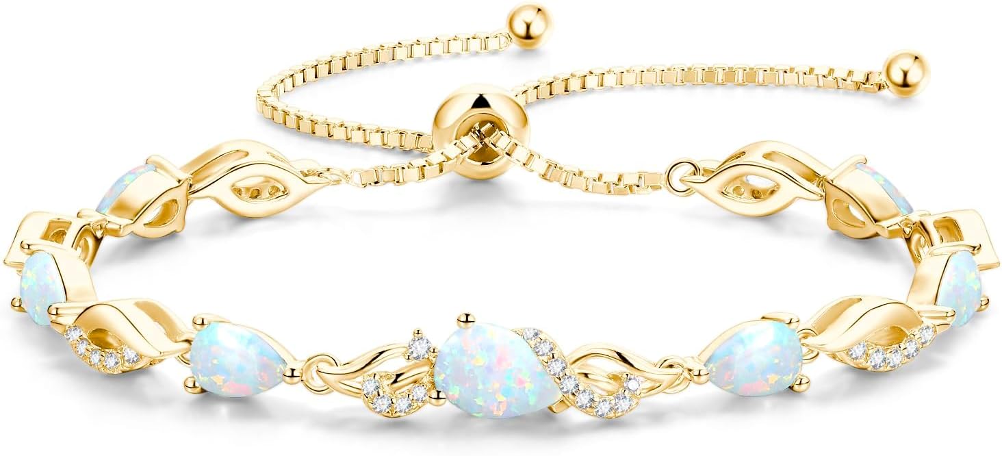 FANCIME Birthstone Teardrop Tennis Bracelet for Women, 14K Gold Plated Sterling Silver Adjustable Slider Bracelet Fine Jewelry Anniversary Birthday Gifts for Women Mom Wife Her