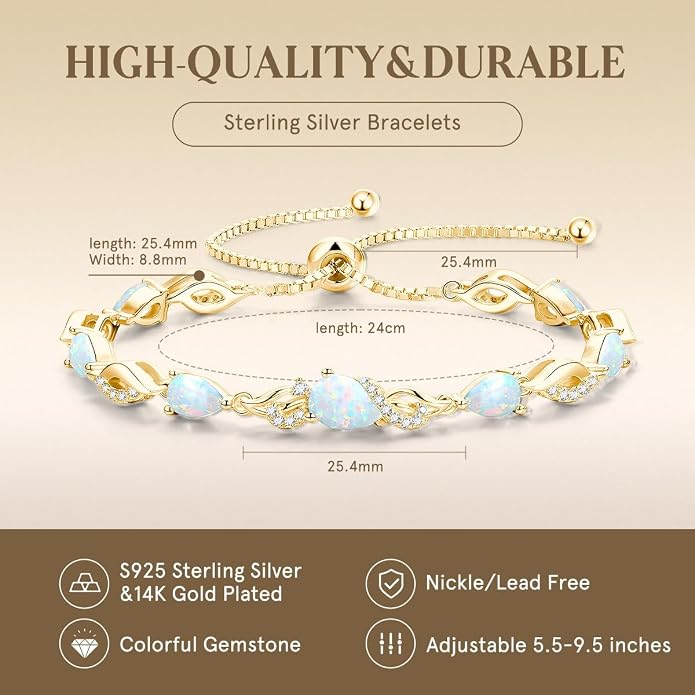 FANCIME Birthstone Teardrop Tennis Bracelet for Women, 14K Gold Plated Sterling Silver Adjustable Slider Bracelet Fine Jewelry Anniversary Birthday Gifts for Women Mom Wife Her