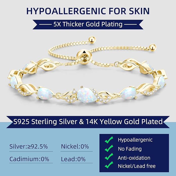 FANCIME Birthstone Teardrop Tennis Bracelet for Women, 14K Gold Plated Sterling Silver Adjustable Slider Bracelet Fine Jewelry Anniversary Birthday Gifts for Women Mom Wife Her