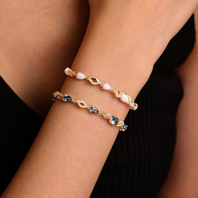 FANCIME Birthstone Teardrop Tennis Bracelet for Women, 14K Gold Plated Sterling Silver Adjustable Slider Bracelet Fine Jewelry Anniversary Birthday Gifts for Women Mom Wife Her